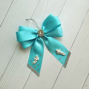 Set of 10 turquoise silk Christmas bows with brooches, angel charms, and rhinestones in a gift box