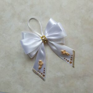 Set of 10 white handmade Christmas bows with gold angels and rhinestones