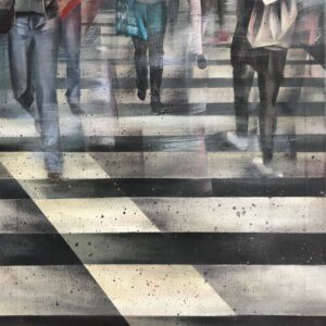Original acrylic painting Motherlode, 2022, anonymous urban figures, motion and rhythm of city streets, 40x50 cm
