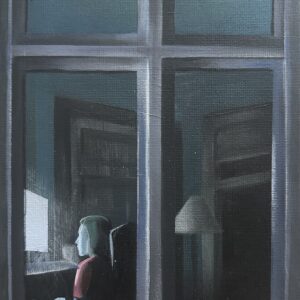 Original acrylic painting Peeping Views No1, 2025, solitary figure behind window, muted tones, reflections, intimate interior, 15x20 cm