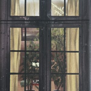 Original acrylic painting Peeping Views No2, 2025, quiet interior behind a softly lit window, muted tones, reflections, 15x20 cm