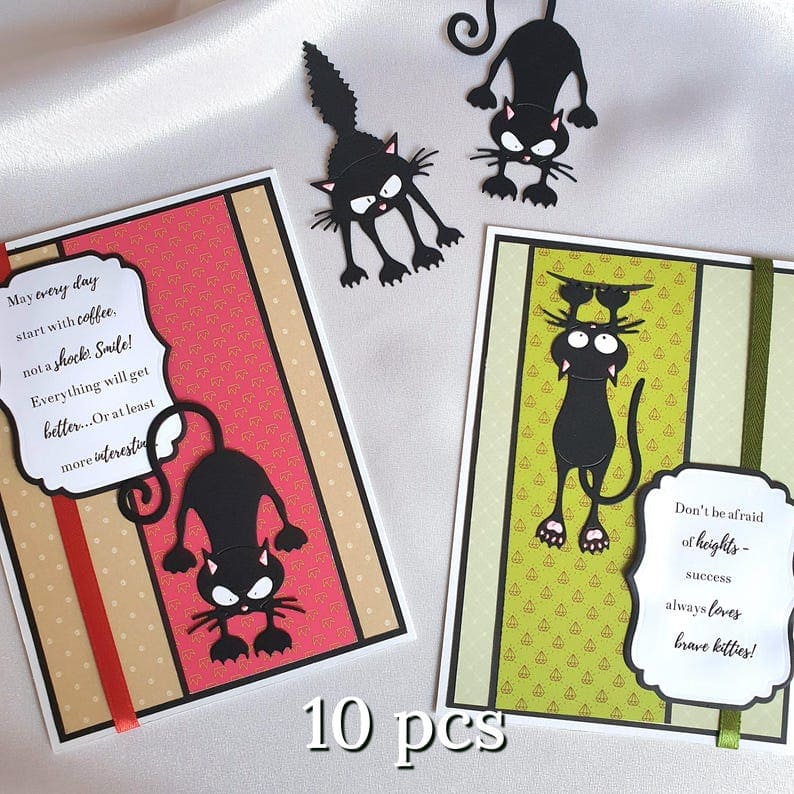 Set of 10 handmade black cat postcards with humorous and heartwarming wishes