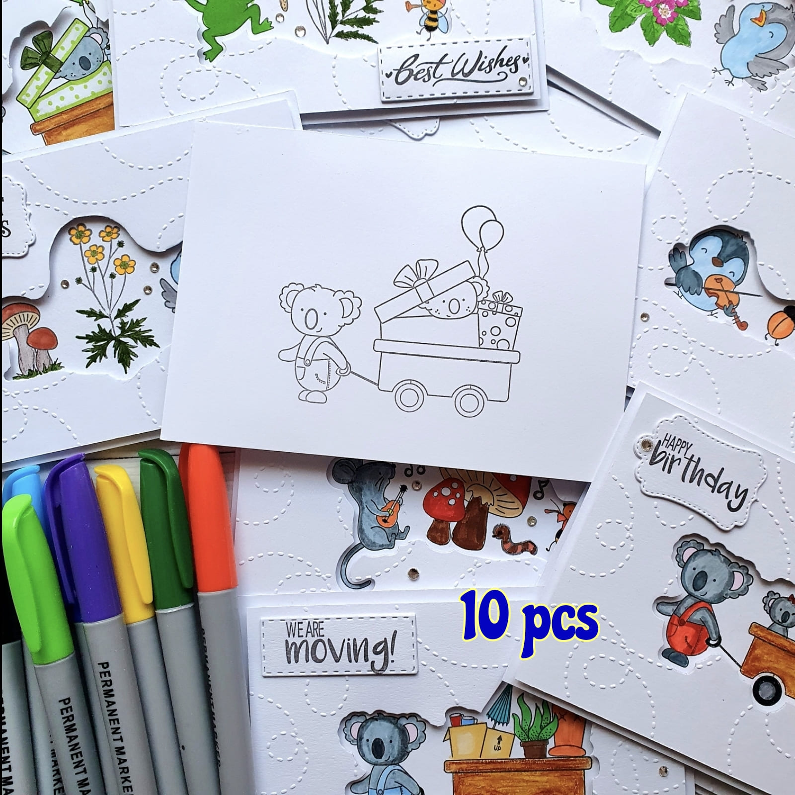 DIY coloring card kit with 10 handmade cards, markers, and decorations for creative crafting