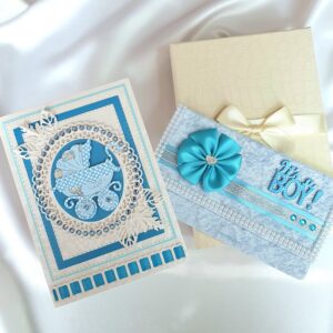 Newborn boy velvet gift set with greeting card, velvet money envelope, and gift box