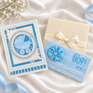 Newborn boy velvet gift set with greeting card, velvet money envelope, and gift box