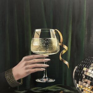 Original acrylic painting “Behind the Scenes No2,” hand holding sparkling wine, dark atmospheric background, subtle reflections, golden accents, 40x50 cm, 2024
