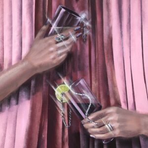 Original acrylic painting “Intimate Moment,” hands holding glasses, soft light reflections, pink background, 40x50 cm, 2021