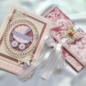 Pink velvet gift set for newborn baby girl with greeting card and gift box