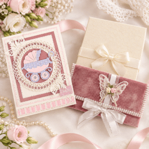 Pink velvet gift set for newborn baby girl with greeting card and gift box