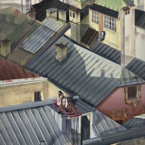 Original acrylic painting on canvas depicting the rooftops of Innsbruck in muted tones, 50x70 cm, 2023