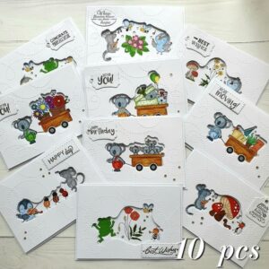 Set of 10 unique handmade postcards with bright and cheerful illustrations