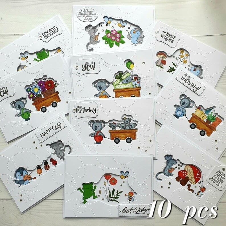Set of 10 unique handmade postcards with bright and cheerful illustrations