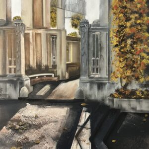 Original acrylic painting of Vienna Stadtpark, autumn cityscape with classical architecture, warm light and soft shadows, 40x50 cm, one-of-a-kind artwork (2023)