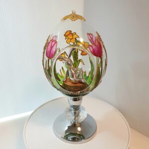 Glass Easter Egg with Tulips and Daffodils on Stand