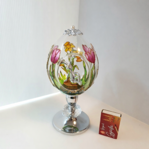 Glass Easter Egg with Tulips and Daffodils on Stand