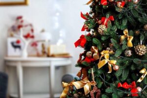 Christmas tree decorated with unique ornaments for a stylish holiday interior