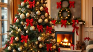 Christmas tree decorated with elegant Christmas bows and ornaments