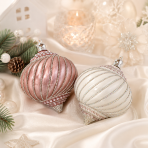 Set of 2 handmade acrylic spinning top Christmas ornaments with rhinestones in dark pink and white colors for festive tree decor
