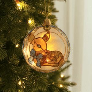 Stained glass style Christmas medallion ornament 9 cm with baby deer design, gold outlines and soft acrylic glow effect