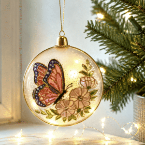 Butterfly stained glass style Christmas ornament with floral design made from acrylic for holiday tree decoration