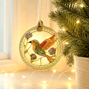 Colorful bird stained glass style Christmas ornament made of acrylic with floral details and golden accents for holiday decoration