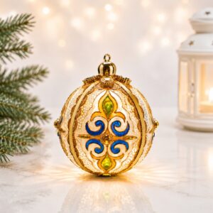 Colorful stained glass style acrylic Christmas ornament with crystals and gold accents for festive holiday tree decor