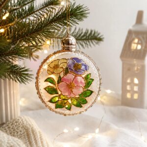 Handmade floral Christmas ornament ball 8 cm with pastel floral design and soft glowing acrylic effect for festive tree décor