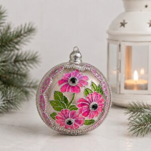 Handmade stained glass floral Christmas ornament 10 cm with pink flowers, green leaves, silver outlines and crystal accents on acrylic base