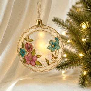 Personalized stained glass style Christmas medallion ornament 9 cm with floral design, gold accents, and acrylic glowing effect