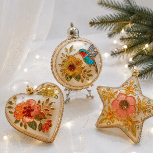 Set of 3 handmade stained glass style Christmas ornaments with heart, bird, and star designs in acrylic with crystals and gold details
