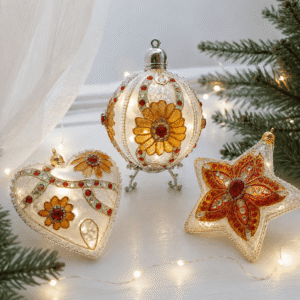 Set of 3 handmade stained glass style Christmas ornaments with heart, ball, and star designs in acrylic gift box with crystals and gold accents