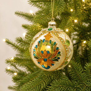 Handmade stained glass style acrylic Christmas ornament 10 cm with gold accents, crystals, and colorful festive design