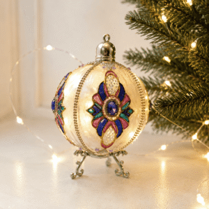 Handmade stained glass style acrylic Christmas ornament 8 cm with jewel tones, gold accents, crystals, and glowing festive design