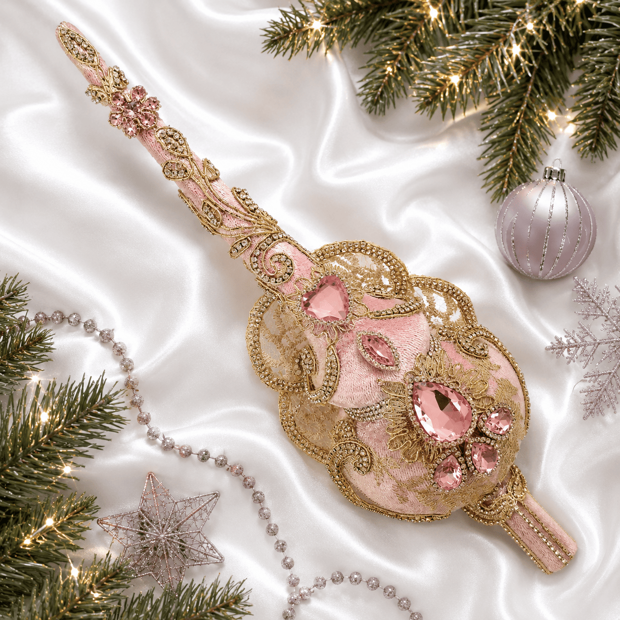 Pink Velvet Christmas Tree Topper with Rhinestones, Handmade Modern Luxury Acrylic Decor 28 cm, Editorial Minimal Christmas Tree Crown - Image 2