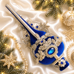 Handmade dark blue velvet Christmas tree topper with silver accents, rhinestones and stones on acrylic base, luxury winter holiday decor 28 cm