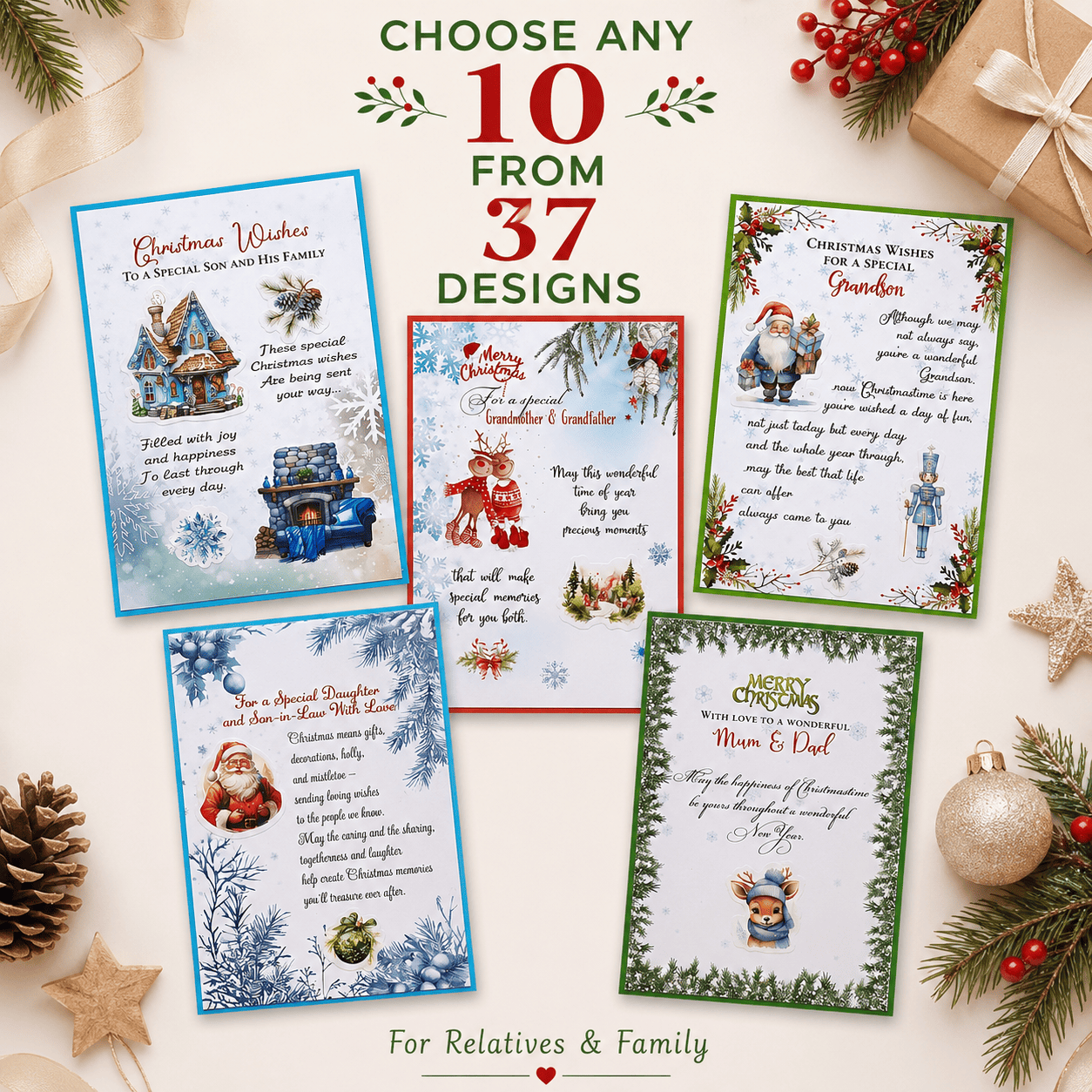 Custom Holiday Greeting Cards Set of 10 Handmade Designs from 37 Unique Illustrations – Personalized Christmas Cards for Family, Friends & Loved Ones, Blank Inside