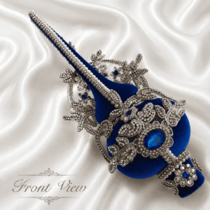 Handmade blue velvet Christmas tree topper with silver lace and rhinestones