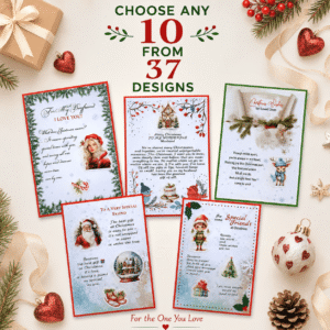 Handmade Christmas cards set for loved ones, family and friends with festive illustrations and blank inside greeting cards