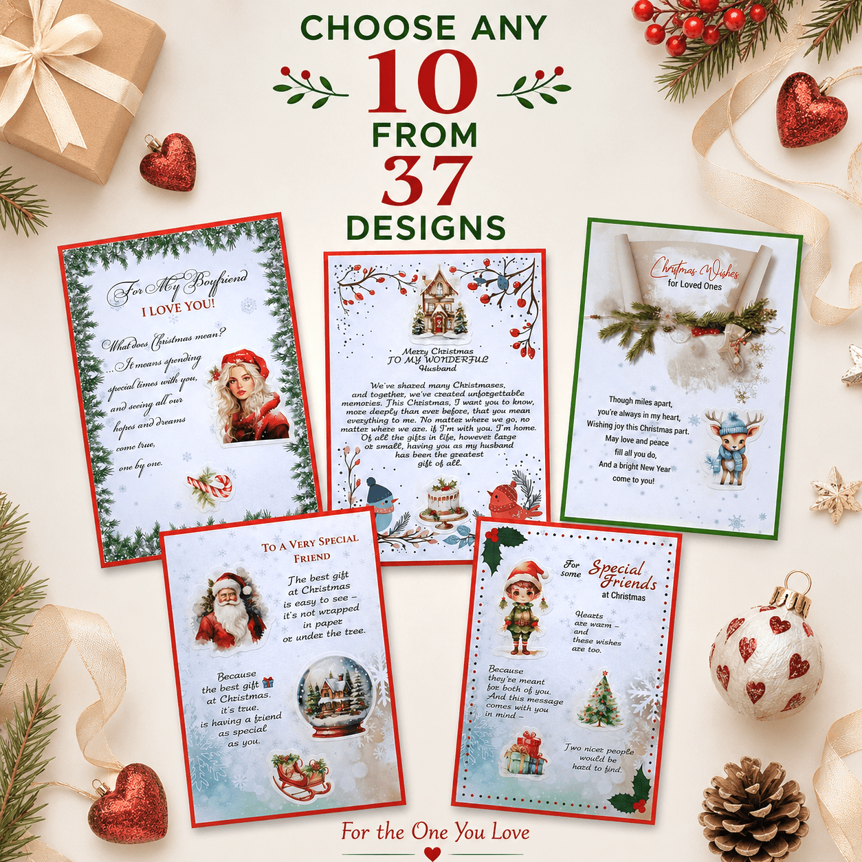 Handmade Christmas cards set for loved ones, family and friends with festive illustrations and blank inside greeting cards