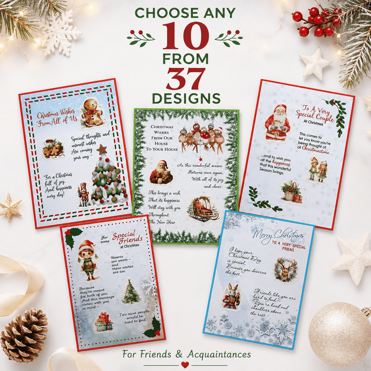 Handmade holiday greeting cards set for friends, neighbors and colleagues with festive illustrations and blank inside