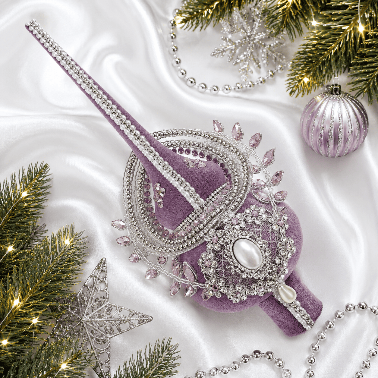 Handmade lavender velvet Christmas tree topper with rhinestones and decorative stones on acrylic base, elegant 28 cm luxury holiday decor