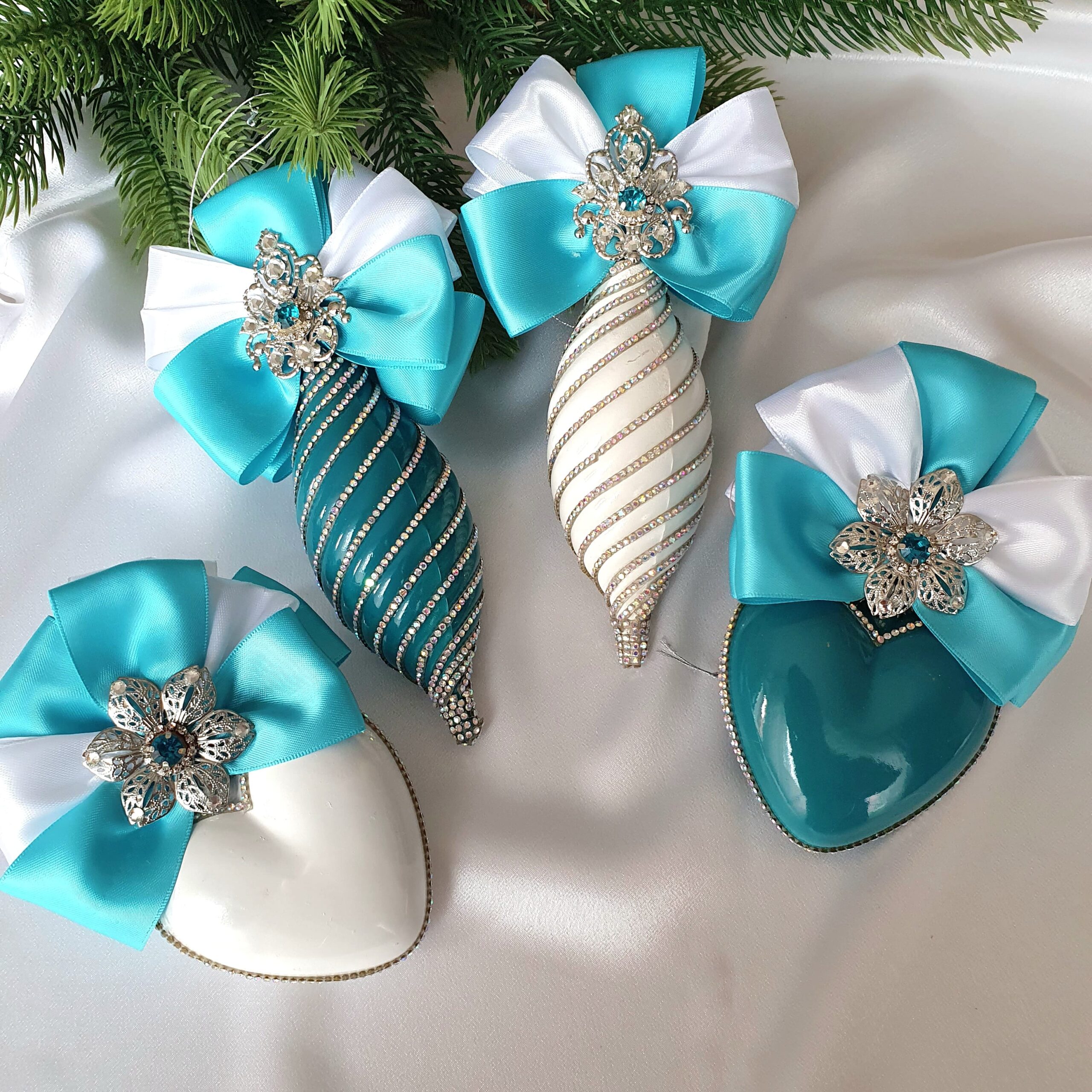 Turquoise Teal and White Christmas Ornament Set – Handmade Luxury Tree Decor - Image 2