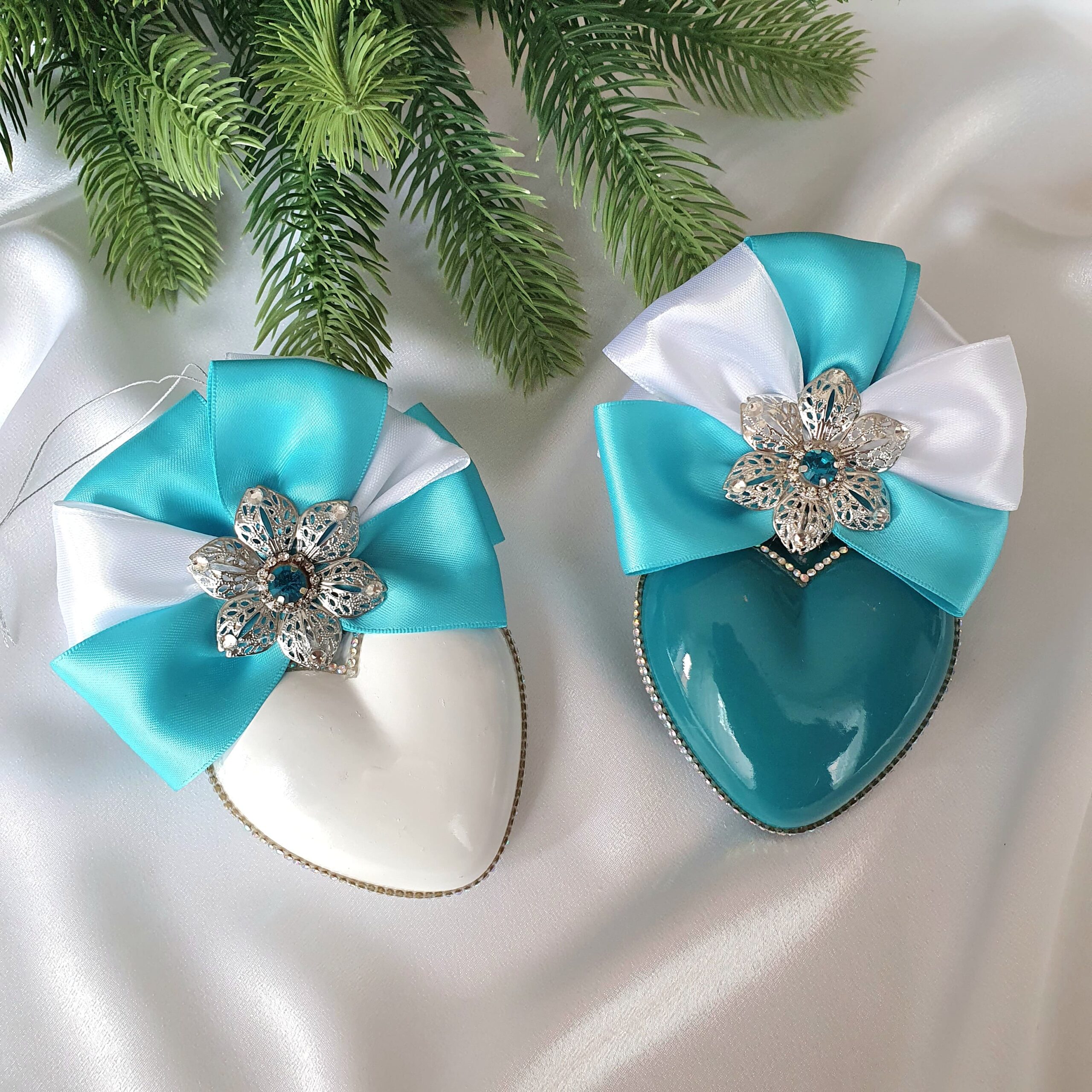 Turquoise Teal and White Christmas Ornament Set – Handmade Luxury Tree Decor - Image 4
