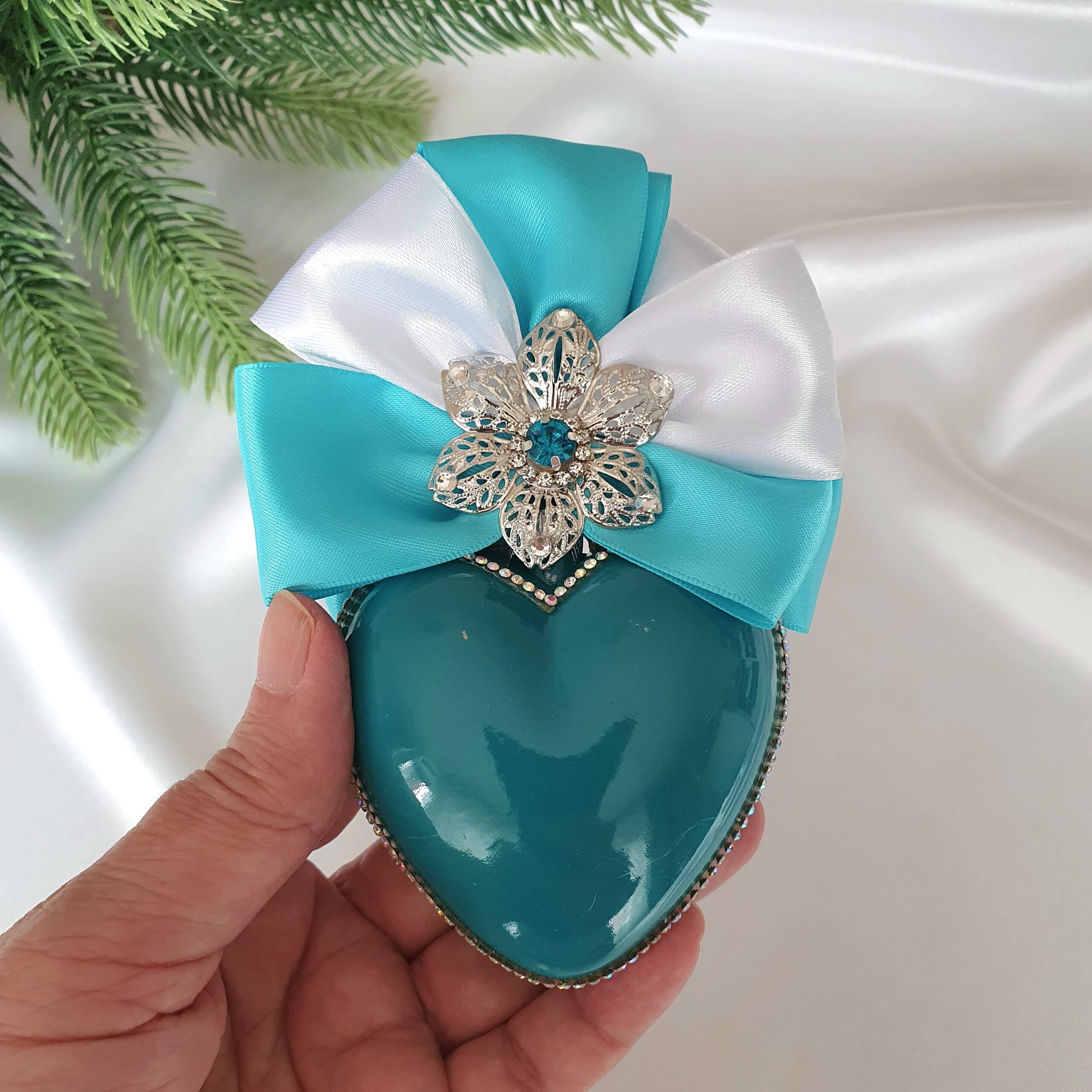 Turquoise Teal and White Christmas Ornament Set – Handmade Luxury Tree Decor - Image 5