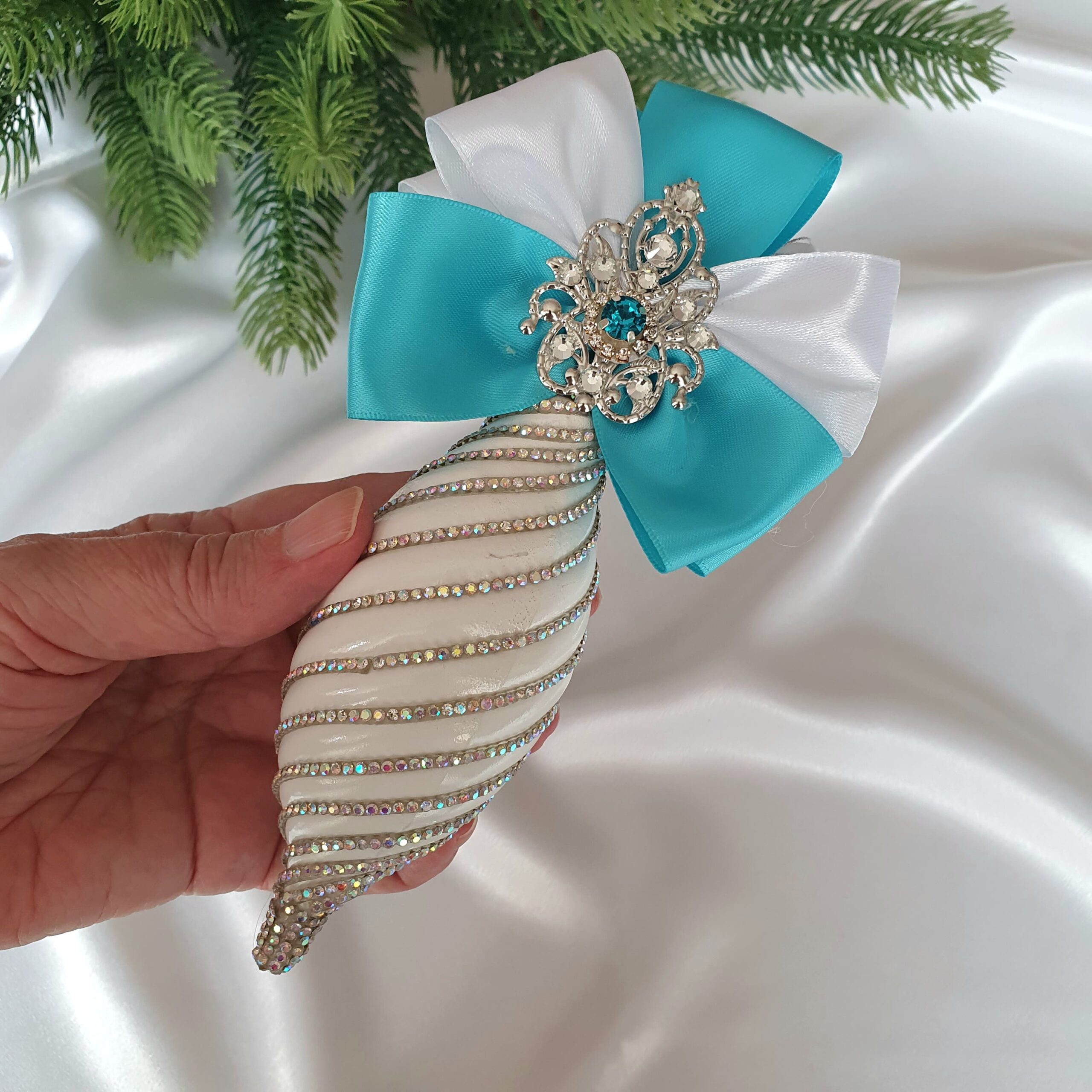 Turquoise Teal and White Christmas Ornament Set – Handmade Luxury Tree Decor - Image 8