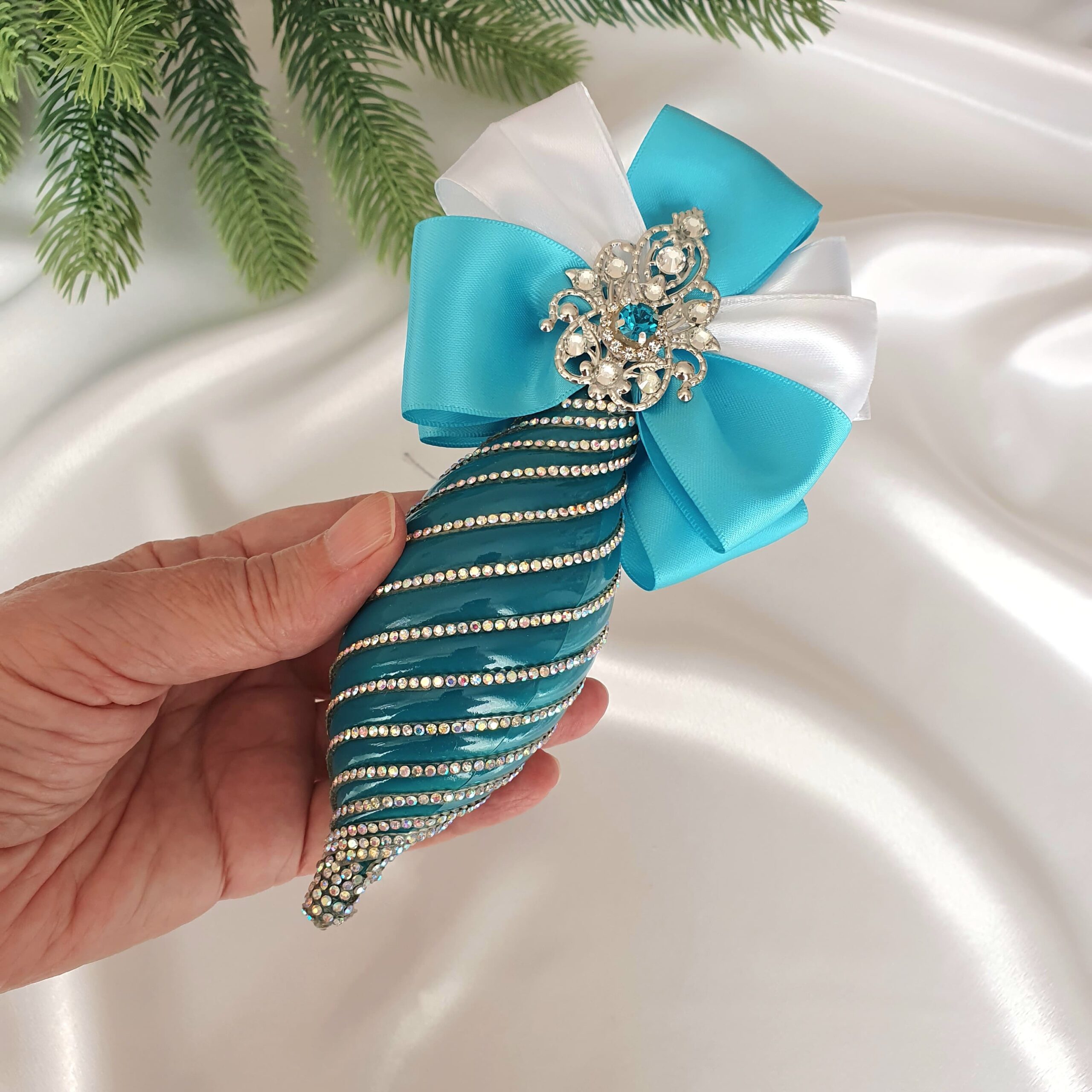 Turquoise Teal and White Christmas Ornament Set – Handmade Luxury Tree Decor - Image 7