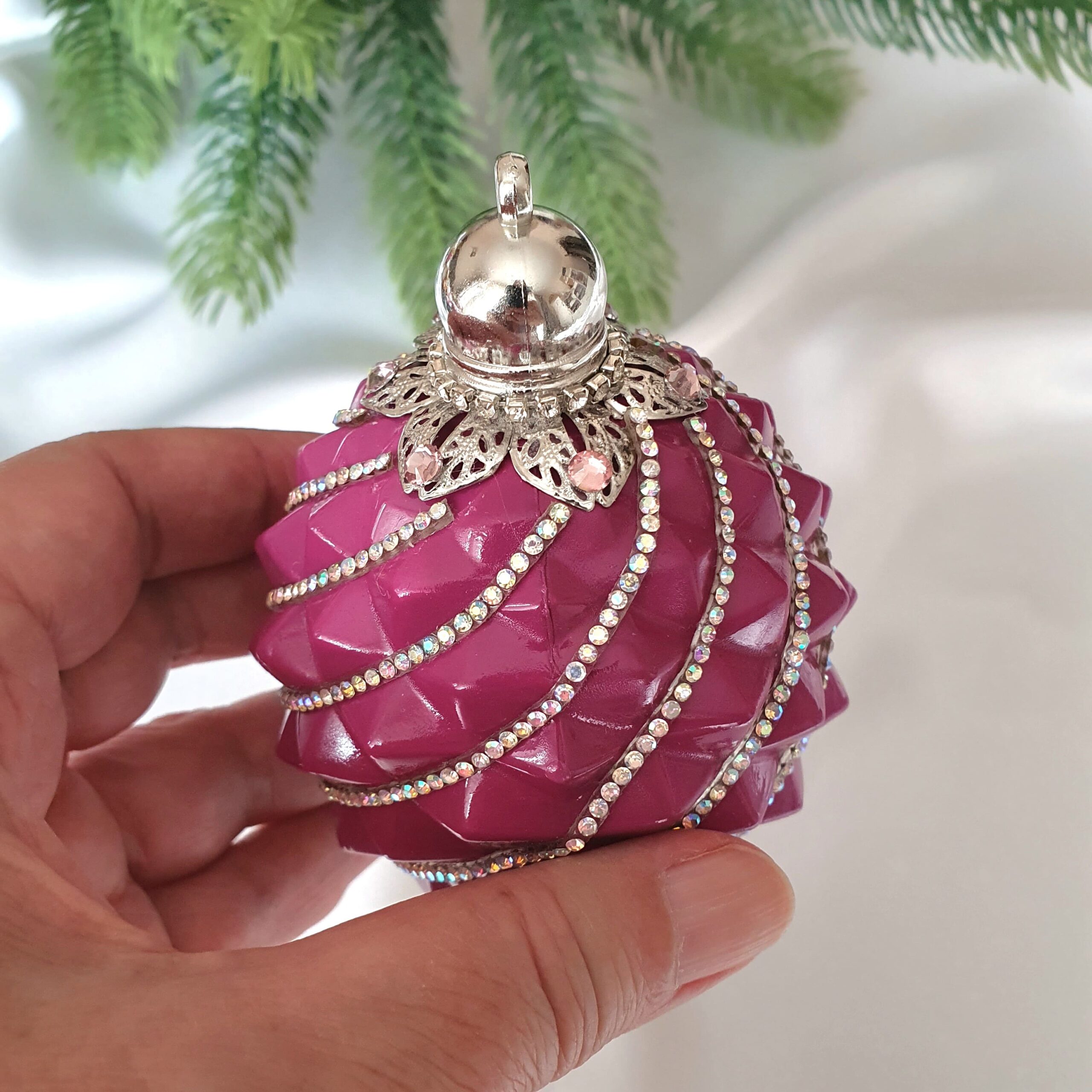 Handmade Fuchsia Pink Christmas Ornament with Sparkling Rhinestone Chains