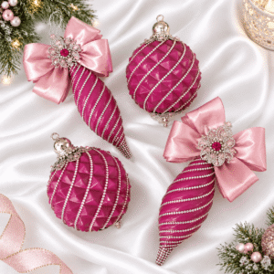 Fuchsia pink Christmas ornament set with handmade spiral ornaments, round baubles, rhinestones and pink satin bows