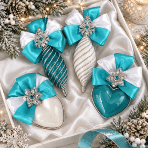 Turquoise teal white Christmas ornament set