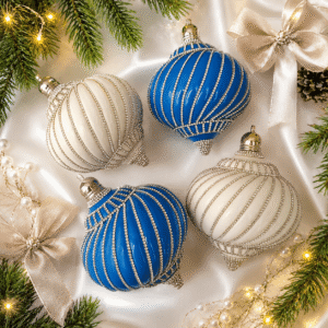Blue and white Christmas decorations with rhinestone chains